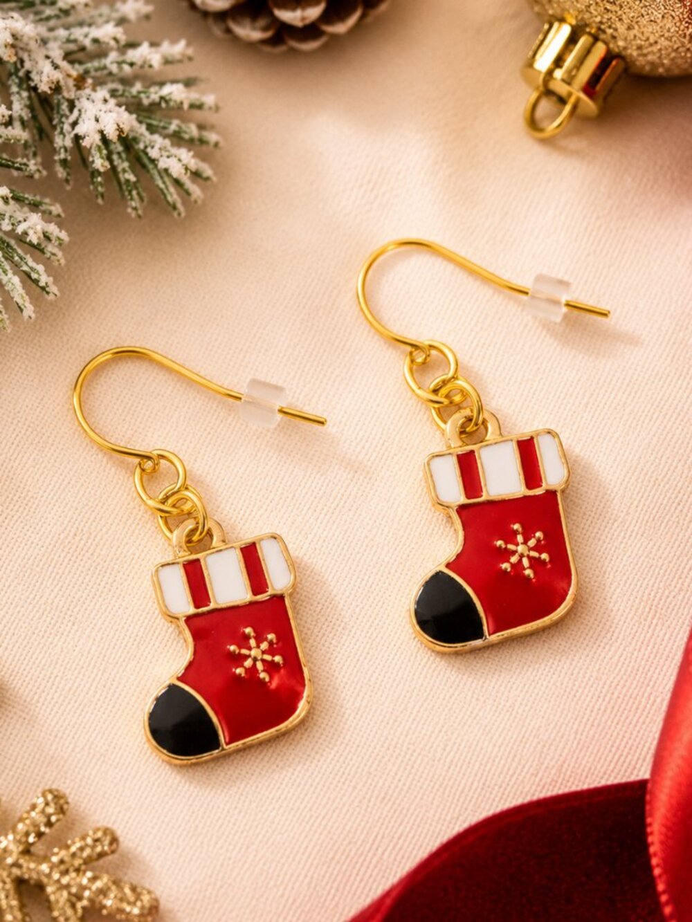 Christmas Stocking Dangle Earrings Red White Enamel Holiday Festive